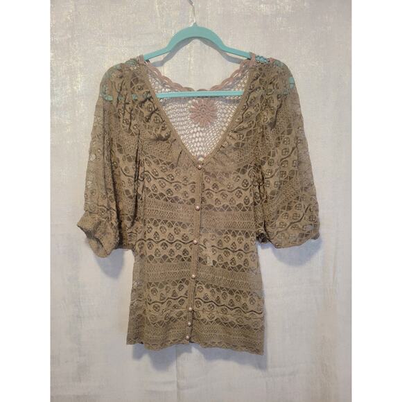 Miss Bella D Lace Mocha Mousse 1X VNeck Blouse Boho Coachella Western Prairie - Picture 1 of 7